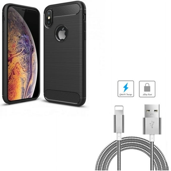 Case w Metal USB Cable for iPhone XS/X - Carbon Fiber Slim Fit Cover Reinforced Bumper Shock Absorbent, 3ft Charger Cord Power Wire Sync for iPhone XS/X