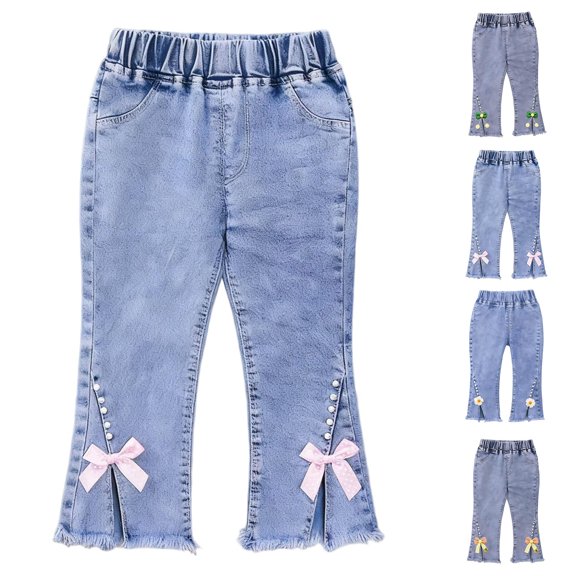 QSXADF Girls Denim Bells Bottoms Jeans Pants For Teen Kids Denim Flare Leg Pants Solid Color Pants Elastic Waist Casual Daily Comfortable Children's Trousers