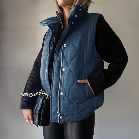 Women's Lightweight Quilted Puffer Vest, Sleeveless Stand Collar Gilet, Button and Zip Up Vest, Casual Cropped Vest, Fall Winter Layering Piece, Warm Sleeveless Jacket, Padded Gilet Blue L