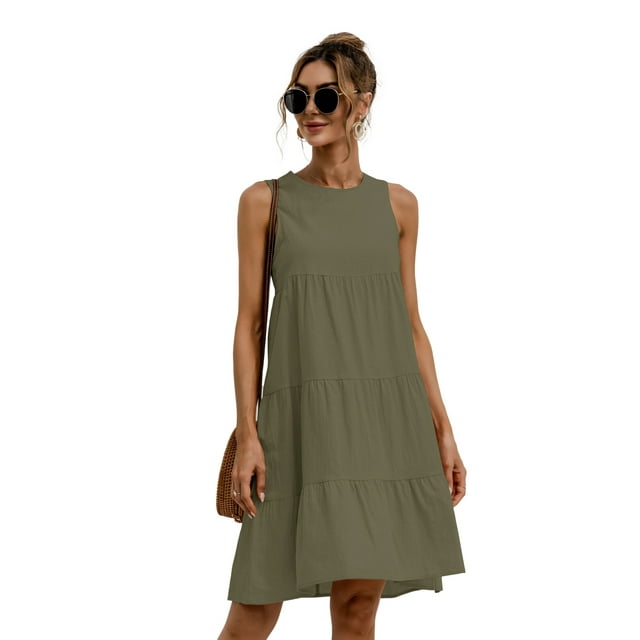 Nouvelle Robe Ligne A Unie pour Femmes Design Patchwork Col Rond Mode Urbaine Sans Manches Taille Mi-Haute Décontractée Robe Mini Ample