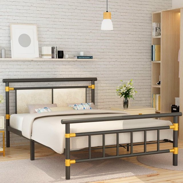 LDHF Full Metal Bed Frame, Sturdy Platform Bed with Headboard & Footboard, No Box Spring Needed, Under Bed Storage, Non-Slip Without Noise, Gold, 75x58x38 inches, 500 lbs Weight Capacity