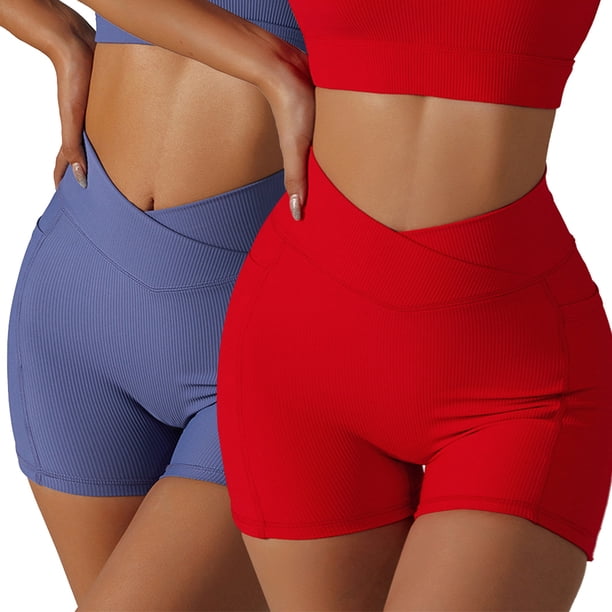 2 piezas de cintura cruzada, pantalones cortos de yoga para levantar la cabeza y la cadera, pantalones cortos de fitness para correr y ciclismo con bolsillo, pantalones cortos ajustados para correr
