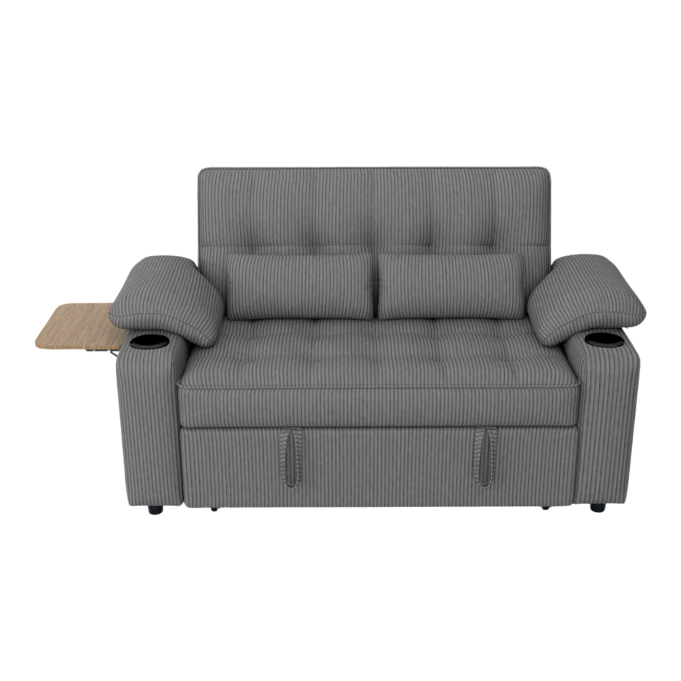 Vinform 3 in 1 Sleeper Sofa Bed, 58" Convertible Loveseat with Foldable Side Tray Table, USB Ports and Cup Holders for Apartments, Corduroy, Dark Gray