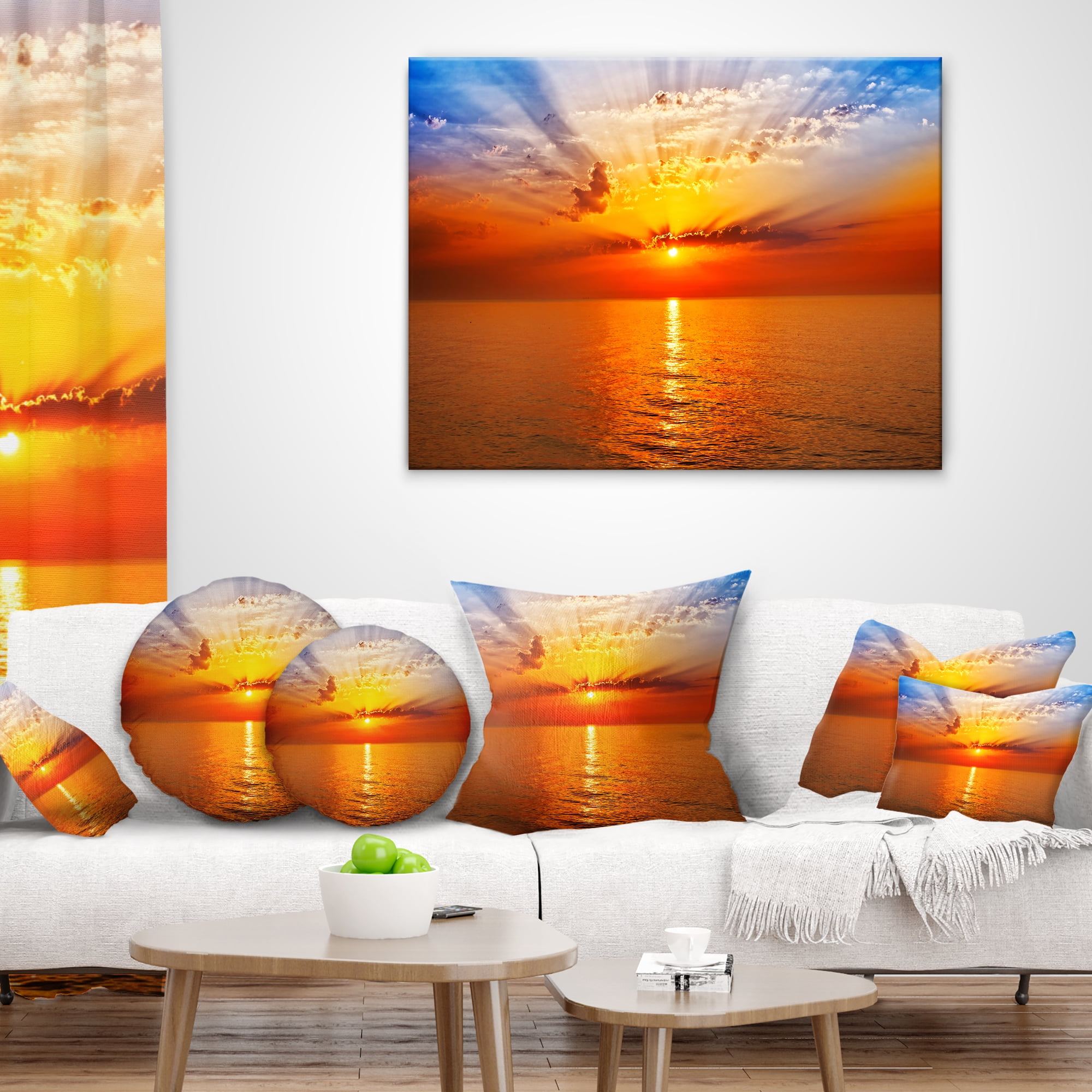 Designart Orange Sea Sunrise under Blue Sky - Seashore Throw Pillow - 18x18