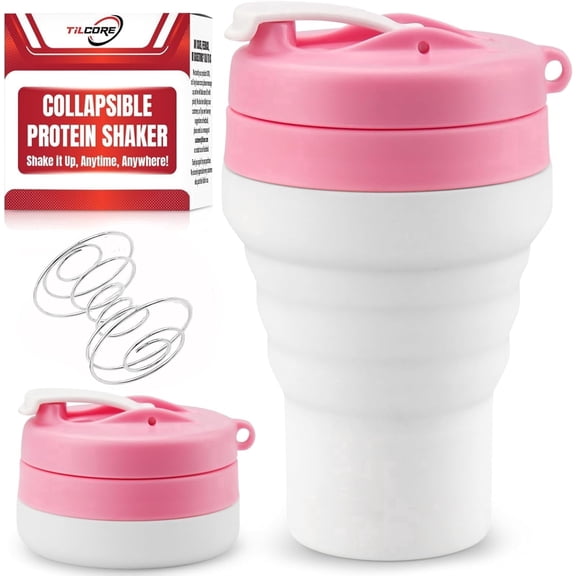 Pink Collapsible Protein Shaker Bottle – 600mL (20oz), Food-Grade Silicone, Leakproof Lid, Reusable for Protein Shakes