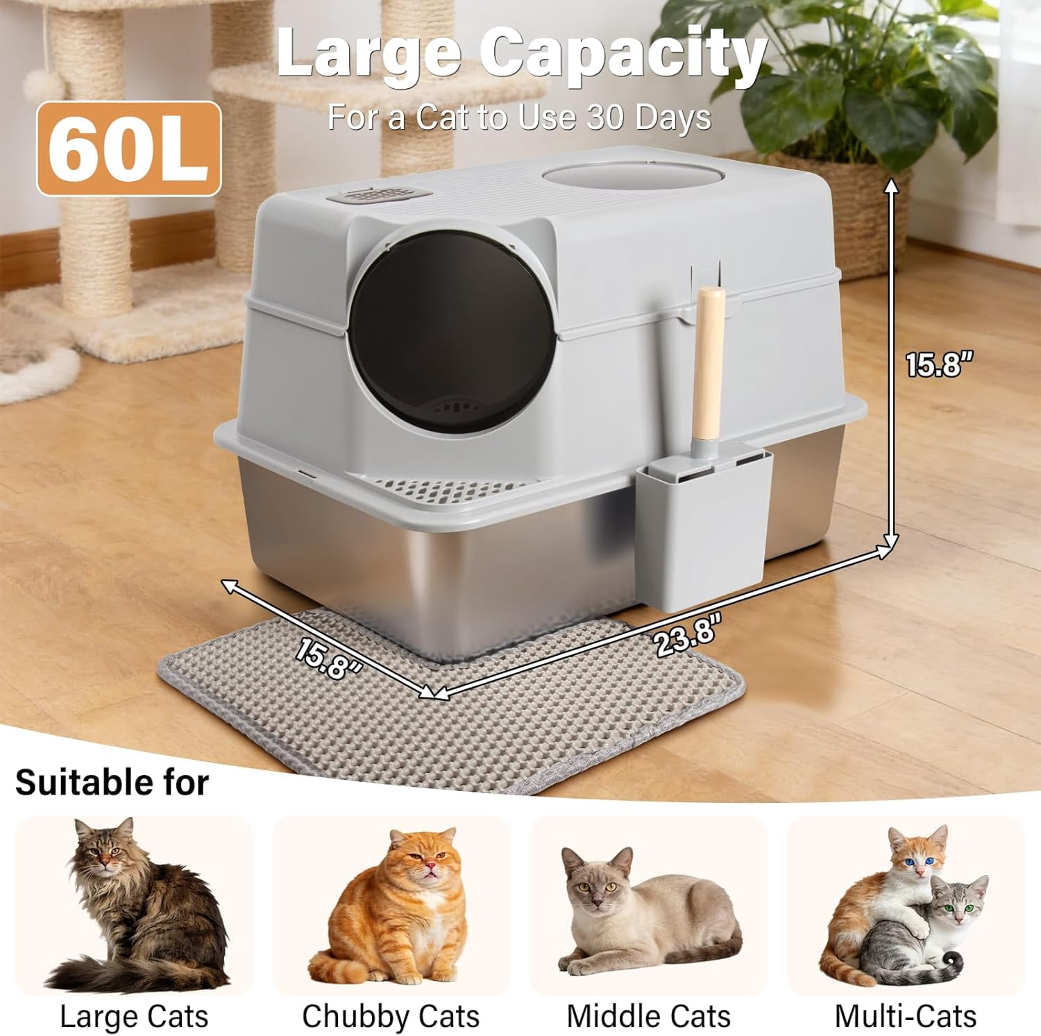 Extra Large Stainless Steel Litter Box with Lid, High Sided Design Includes Mat and Scooper, Easy Clean Non-Stick Odor Control