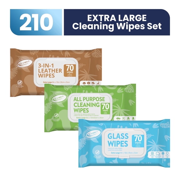 Air Jungles Cleaning Wipes Bundle, 3 Pack Includes Leather Cleaner Wipes, Glass & Window Wipes, and All-Purpose Cleaning Wipes, XL 8" x 10", 70 Count Each, for Car, Home, Office, Furniture, Bags