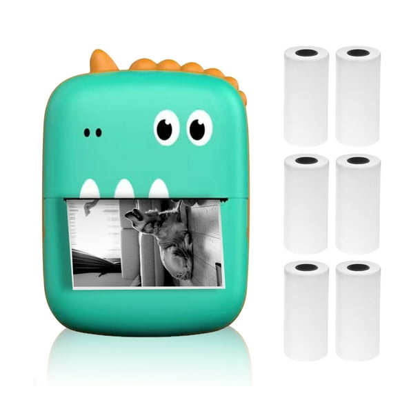 Mistaha Portable Mini Dinosaur Green Pocket Printer A8 2" 57mm 200dpi Thermal Print for Notes, Images, Webpages, Texts, Memos, Lists - Lithium Battery, 6 Rolls Paper