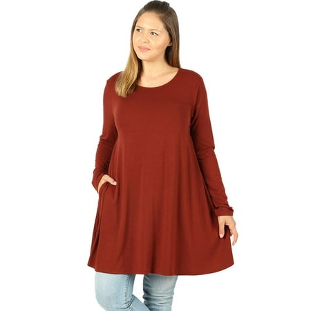 JED FASHION Women's Plus Size Stretchy Knit Long Sleeve Swing Tunic Top