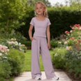thumbnail image 6 of Ruyang Kids Girls 2 Piece Outfit Crew Neck Short Sleeve Top and Wide Leg Pants Summer Teens Solid Casual Sweatsuit Set, 6 of 9