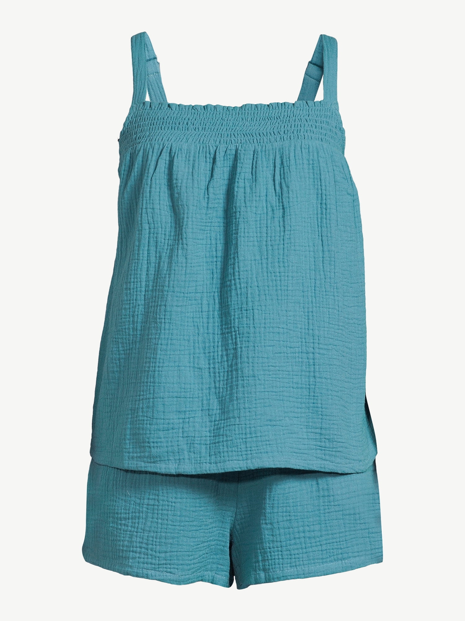 Joyspun Women's Gauze Smocked Top and Shorts Pajama Set, 2-Piece, Sizes S to 3X