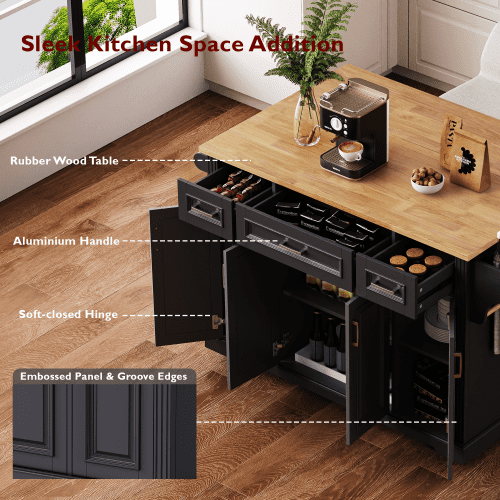 54 Inch Kitchen Island with Drop Leaf, Rolling Kitchen Cart on Wheels with Storage, 4 Doors & 3 Drawers, Farmhouse Style Mobile Island for Kitchen,Black