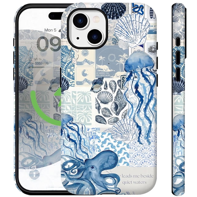 Funda de teléfono Ceckooty para iPhone 13 Blue Ocean Collage Magsafe