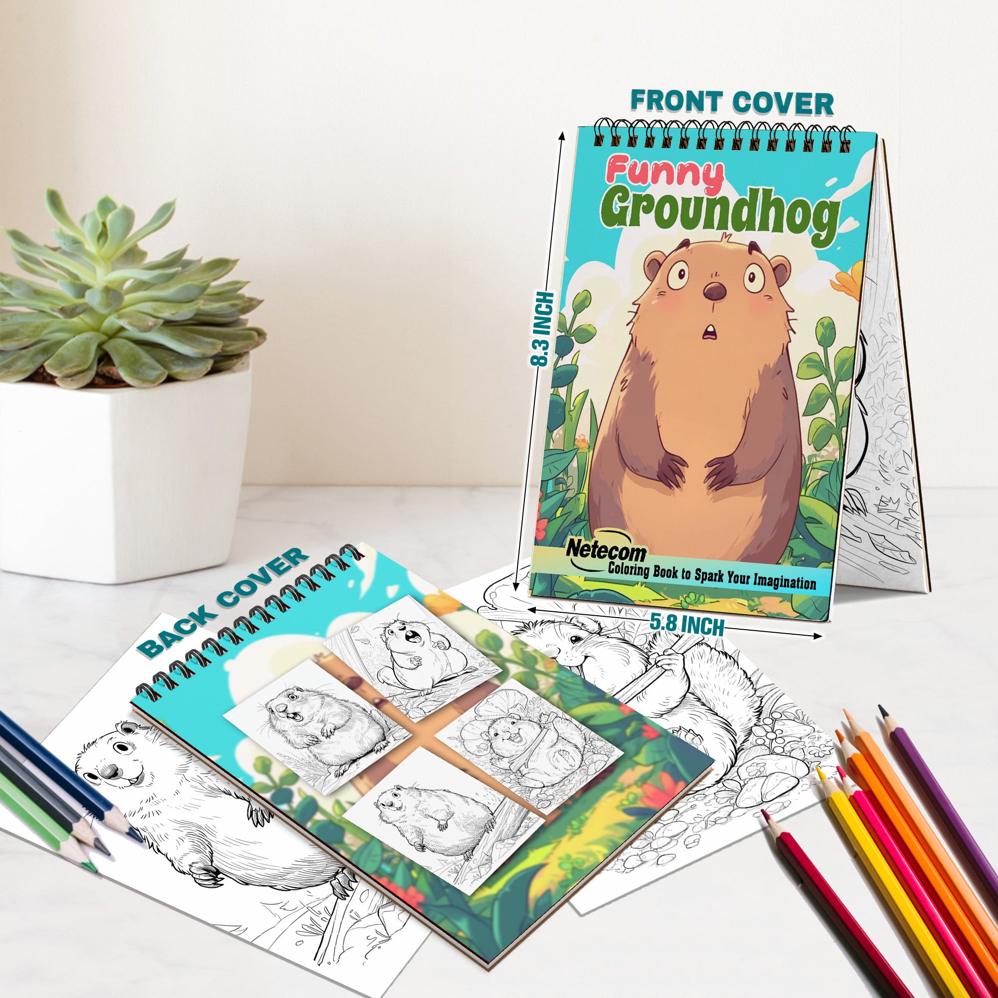 Netecom Funny Groundhog Coloring Book Spiral Bound for Adults, A5 Wooden Cover, Spiral Bound, 30 Cute Coloring Pages in Happy Groundhog Day for Stress Relief and Relaxation