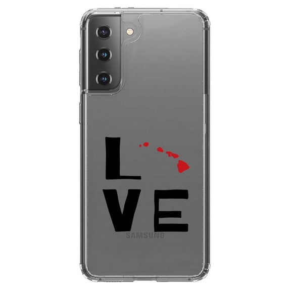 DistinctInk Clear Shockproof Hybrid Case for Galaxy S21 5G (6.2" Screen) - TPU Bumper Acrylic Back Tempered Glass Screen Protector - Hawaii - Love Black & Red