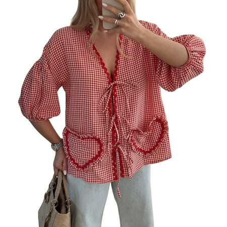 Women Plaid Babydoll Blouse 3/4 Puff Sleeve Tie Front Shirt Top Aesthetic Ruffle Hem Heart Pocket Lace Up Going Out Tops