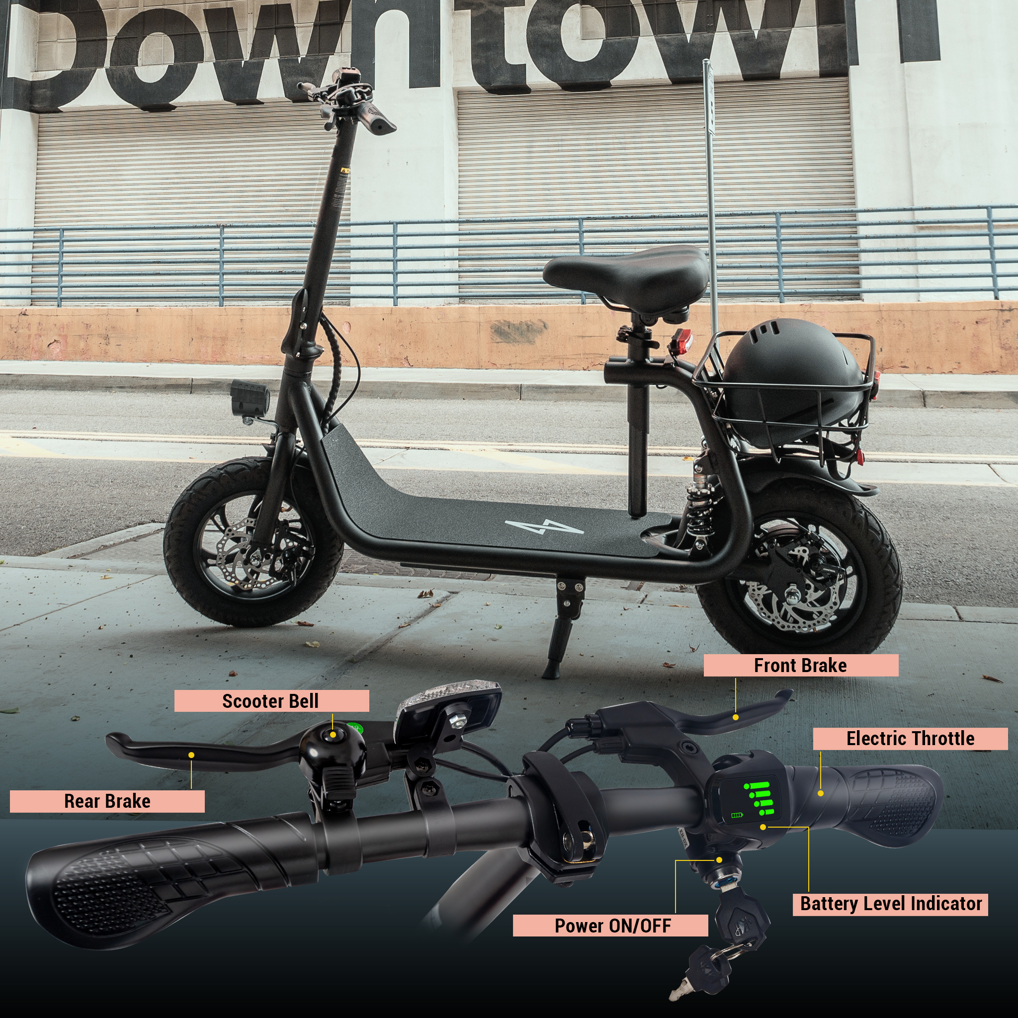 Phantomgogo Commuter R1 - Electric Scooter for Adults - Foldable Scooter with Seat & Carry Basket - 450W Brushless Motor 36V - 15MPH 265lbs Max Load E Mopeds for Adults (Pro-Black)