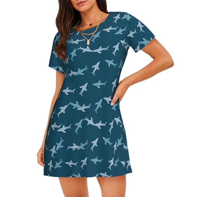 Balery Cute Shark Camisón de manga corta con cuello redondo para mujer, cómodo y elegante.