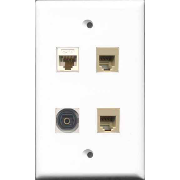 RiteAV - 2 Port Phone RJ11 RJ12 Beige and 1 Port Toslink and 1 Port Cat6 Ethernet White Wall Plate