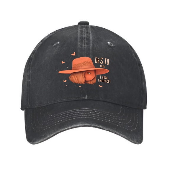 Vintage Cotton Washed Distressed Baseball Cap - Black with Woman ' s Face & Orange Hat Design Hearts & Unique Text for Men & Women