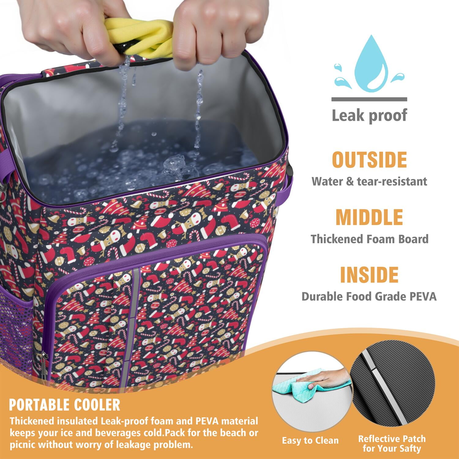 Travel Cooler Bag - Dark Blue Christmas Pattern Camping Beer Cooler Backpack with Bottle Opener- Waterproof Insulated Picnic Backpacks - Cooler Bag for Beach