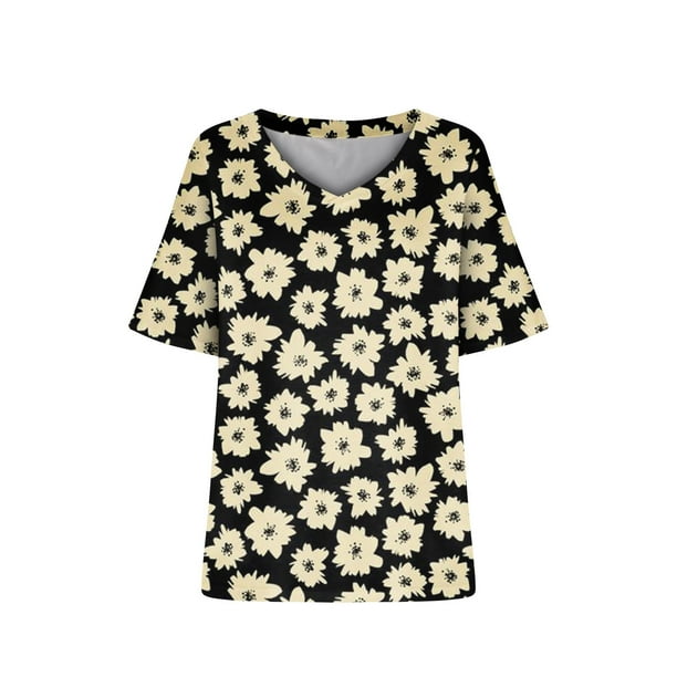 Camiseta de manga corta plisada elástica con cuello en V y estampado floral de talla grande para mujer OAVQHLG3B Store lin121212