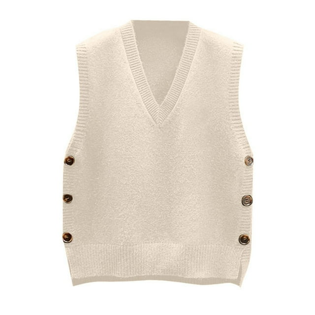 GDREDA Chandail Sans Manches à Col Rond pour Femmes, Gilet en Tricot Côtelé Beige, m