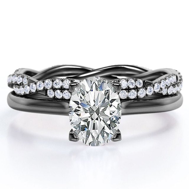 JeenMata Juego de 4 Puntas - Forma Ovalada de 1,75 Quilates - Juego de Boda con Caña Retorcida Pavé - Baño de Oro Negro de 18 K sobre Plata (Personaliza la Banda de Tu Anillo de Bodas)