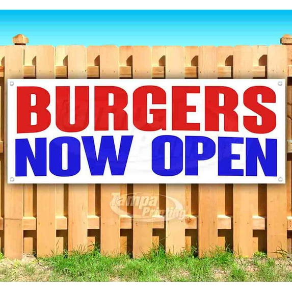 Burgers Now Open 13 oz Vinyl Banner With Metal Grommets