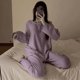 thumbnail image 3 of Pijama de manga larga con estampado de gofres para primavera, otoño e invierno, para mujer, con cara sonriente, cuello redondo, holgado, para el hogar, 3 of 6