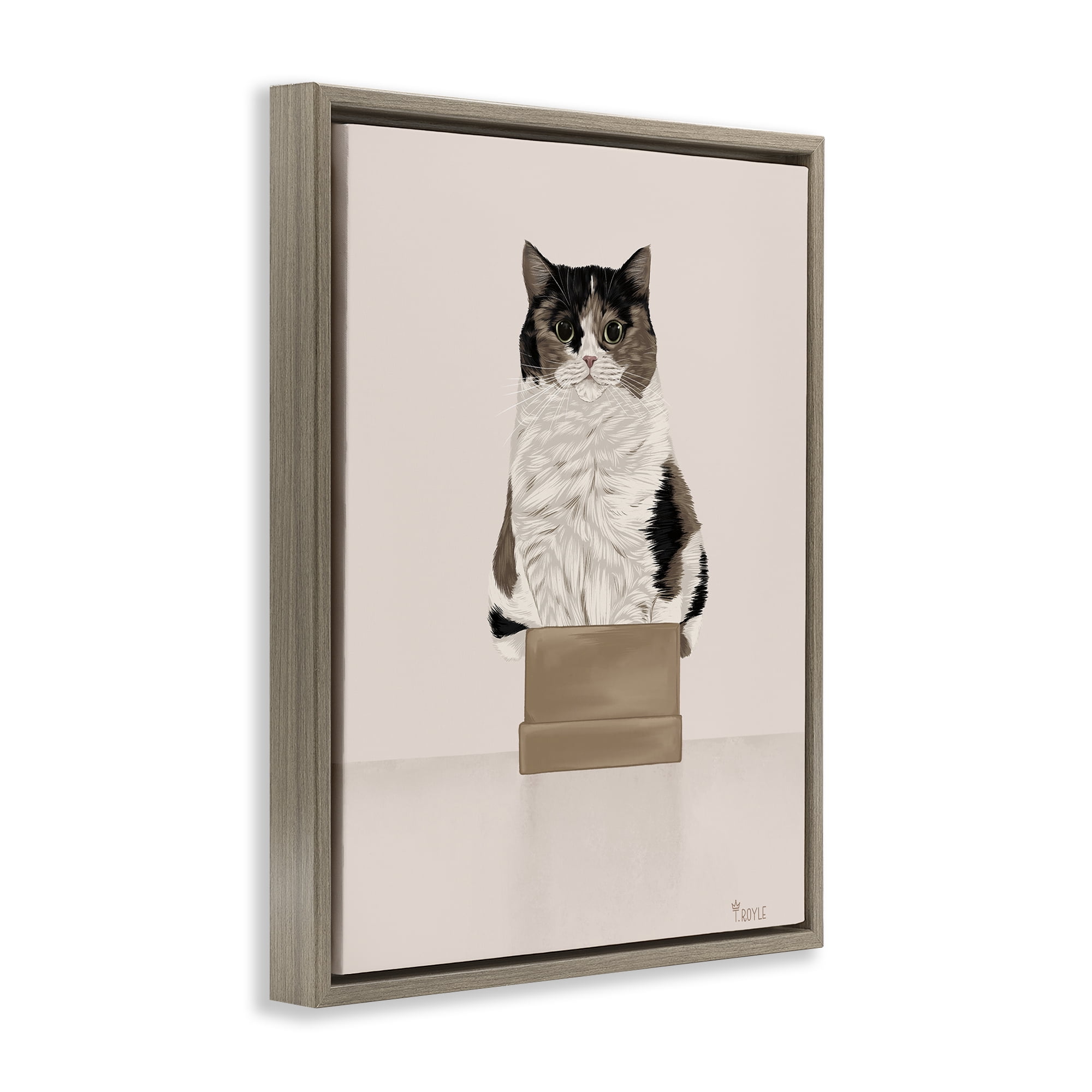 Stupell Industries Cat in Cardboard Box Animals & Insects Painting Brown Floater Framed Canvas Art Print Wall Art, 17 x 21