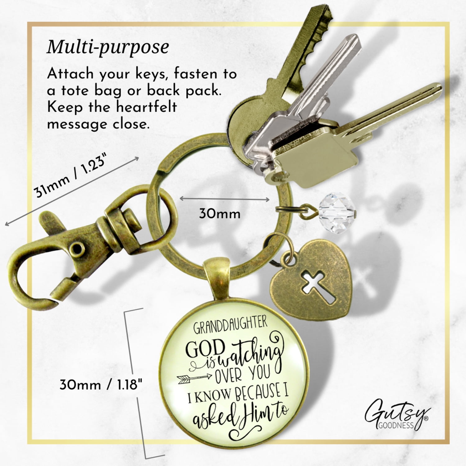 Granddaughter Keychain Gutsy Goodness Bronze Metal He Is Watching Over You Adult Female Jewelry Gift from Grandma Grandpa