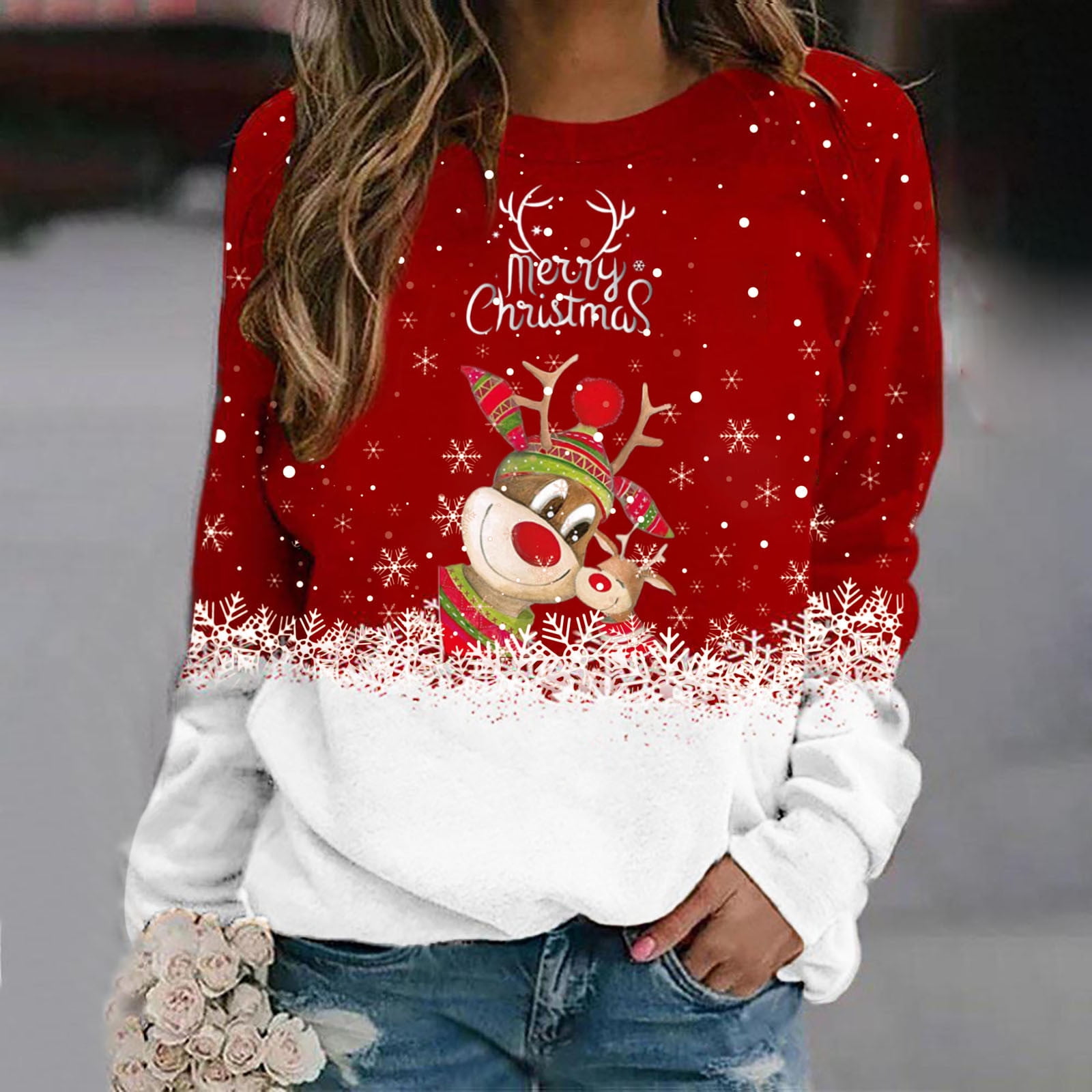 Hanas Tops Women's Fashion Casual Christmas Cute Deer Print （ Merry ...