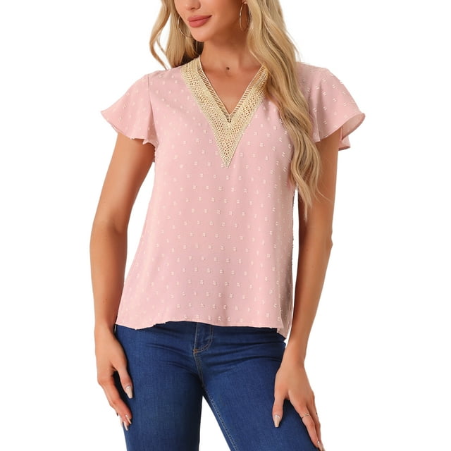 BLUSA V DE CUELLO EN LACE CROCHET CON VOLANTES Y MANGAS CORTAS PARA MUJER, PUNTOS SUIZOS, ROSA S