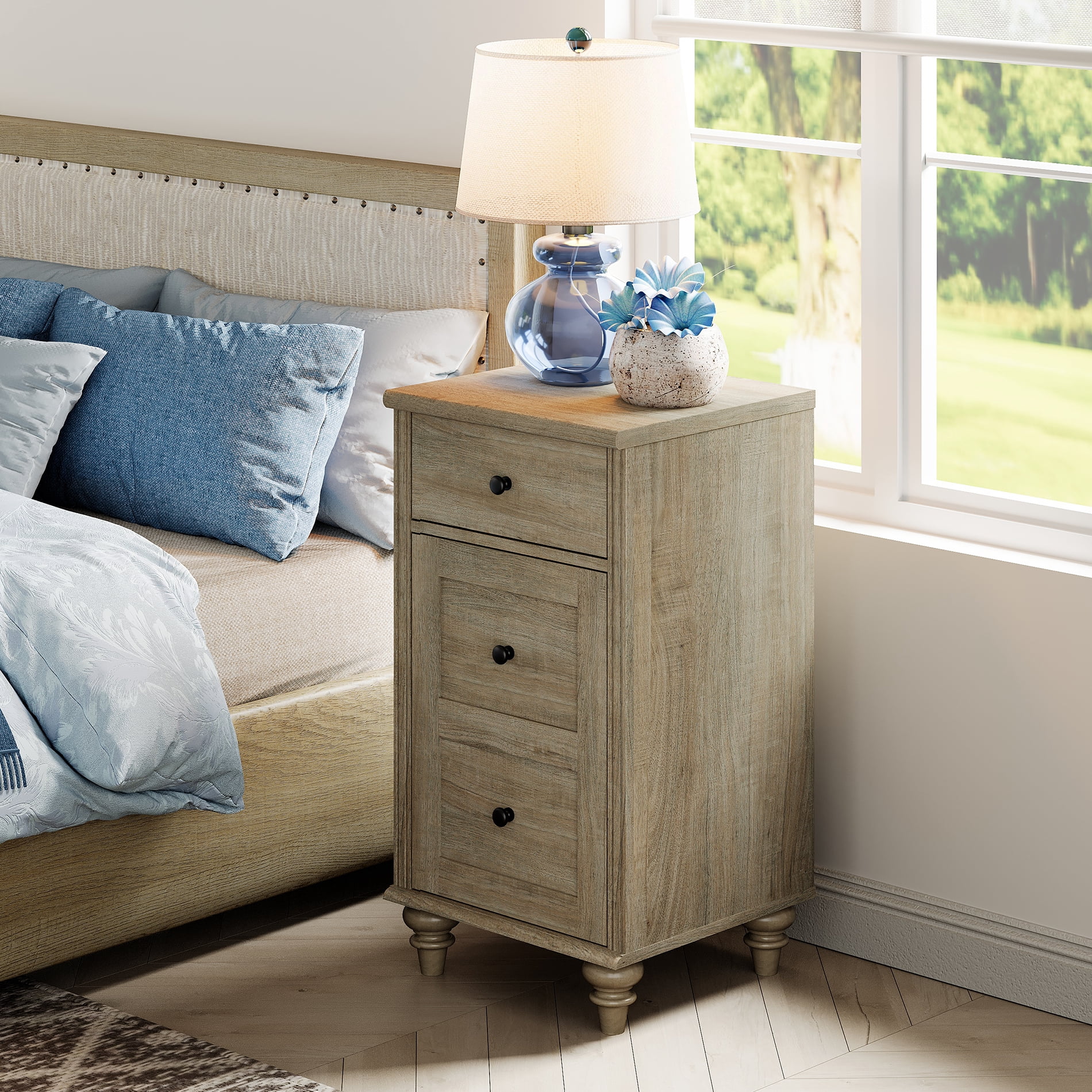 Set of 2 End Tables with Charging Station, Wood Nightstands with Drawer & Storage Cabinet, Modern Farmhouse Side Tables for Living Room & Bedroom, Wash Grey