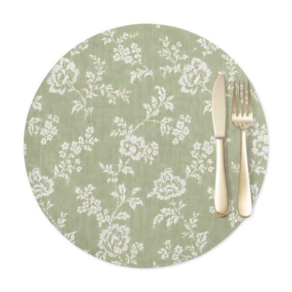 Round Placemats Set of 1, Country Watercolor Flower Leaf Placemat Waterproof Oil-Proof Table Mats 12in, Rustic Botanical Sage Green Washable Place Mats for Kitchen Dining Table Party Outdoor