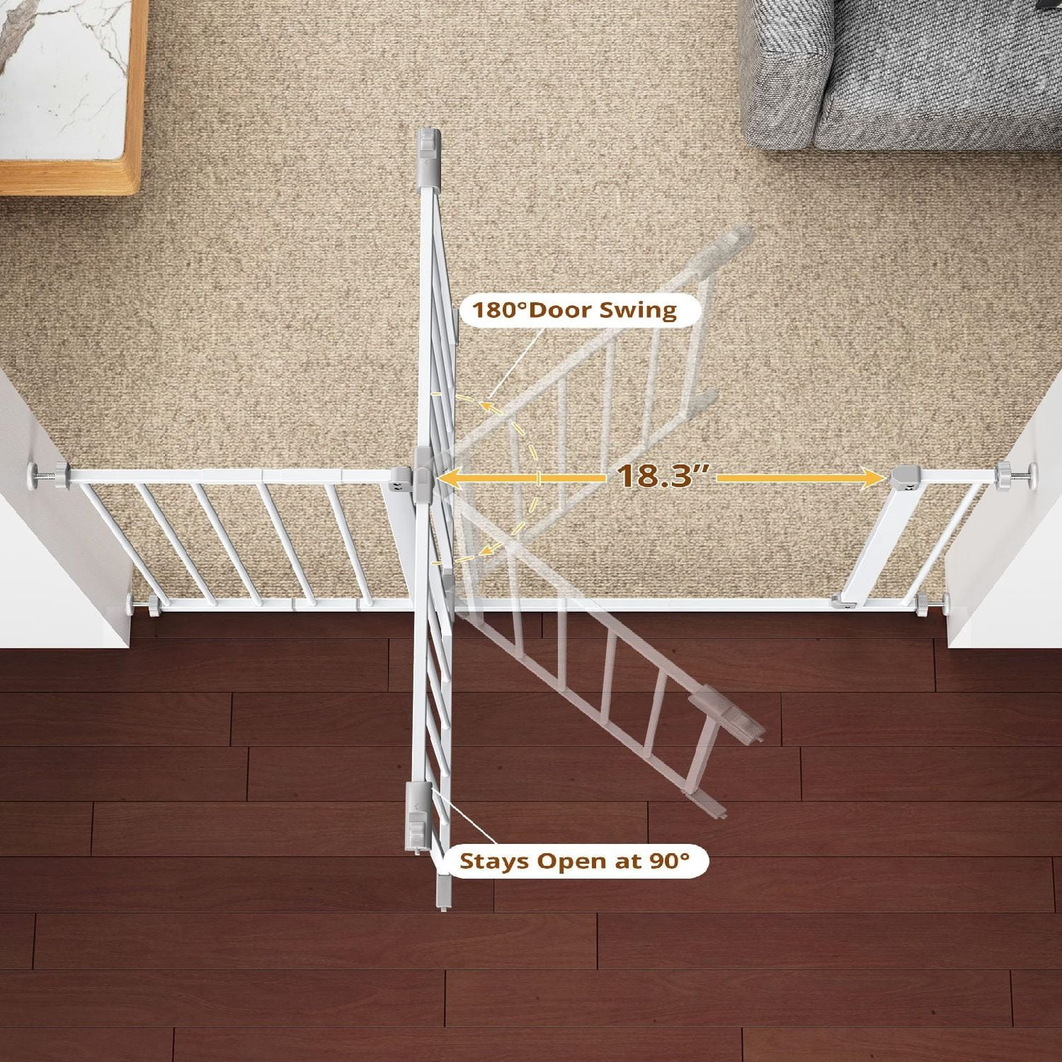 28.9-42.1" Wide  Gate for Stairs & Doorways, 30" Tall Pressure Mounted Dog Gates for Stairs Expandable One-Hand Open, Easy Step Walk Through Dual Lock Metal Pet Gates for Dogs, White