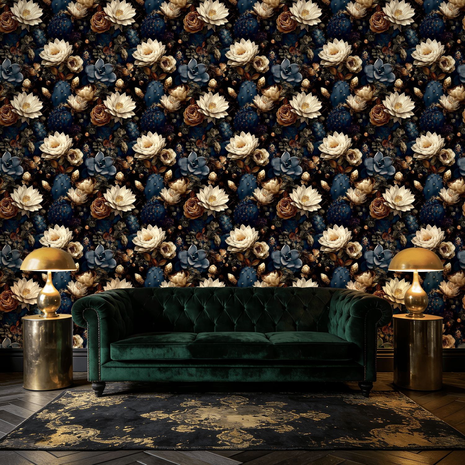 Peel and Stick Wallpaper Vintage Floral Design White Lotus Roses Cactus Dark Wall Mural 17.7in x 9.8ft Self Adhesive Removable Wall Paper Renter Friendly Wallpaper for Nursery Bedroom Cabinets
