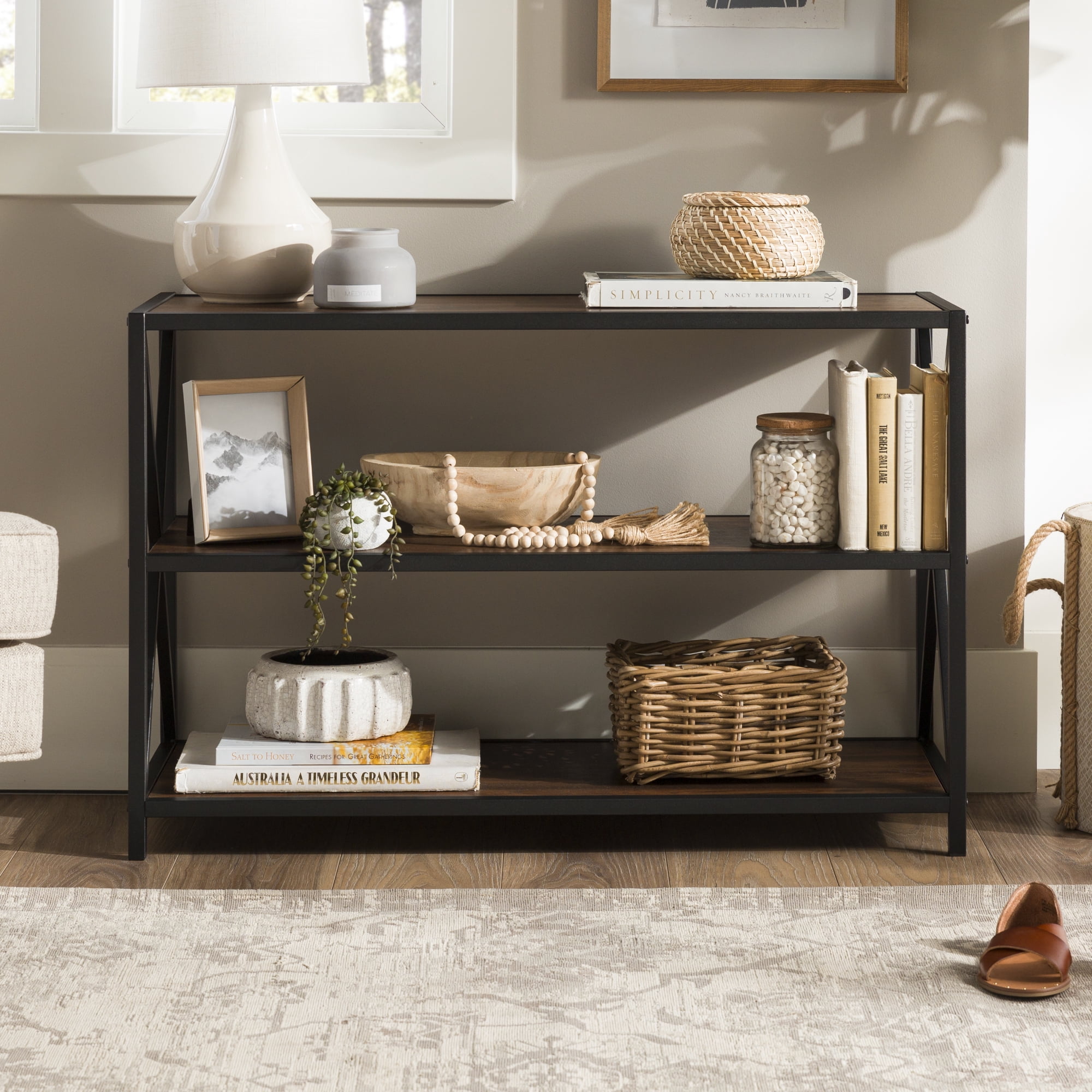 Walker Edison 40" Industrial Frisco X-frame Bookcase, Dark Walnut / Black