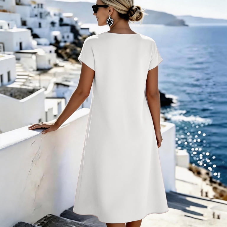 casual stretch dresses Stralyhd Womens Summer Dresses Elegant Knot Front Bow Short Sleeve Loose  Fit Stretch Midi Casual Holiday Sundress Red XXL