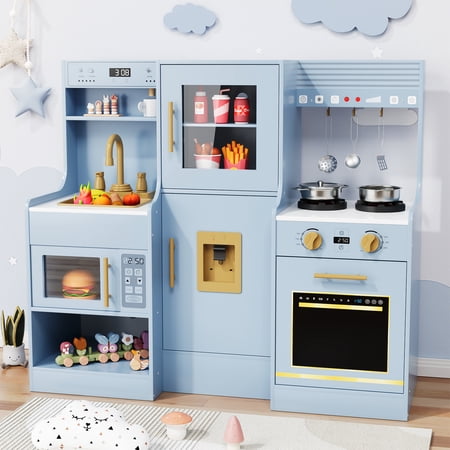 Pirecart Kids Play Kitchen  Toddler Wooden Kitchen Playset with Real Lights & Sounds  Pretend Play Kitchen Set with 6-Piece Kitchenware  Sink & Stove  Water Dispenser & Hood for Age 3+  Blue