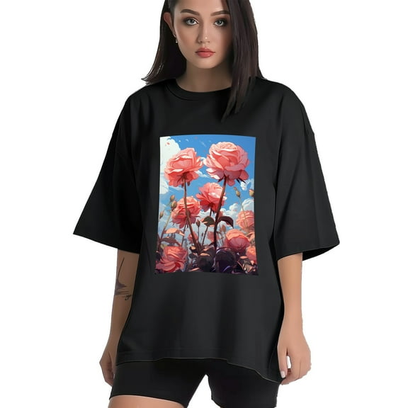 Plus Size Shirt for Women Black Tops for Women Short Sleeves Shirt for Women Red Rose And Sky T Shirt Crewneck Shirt for Women XS