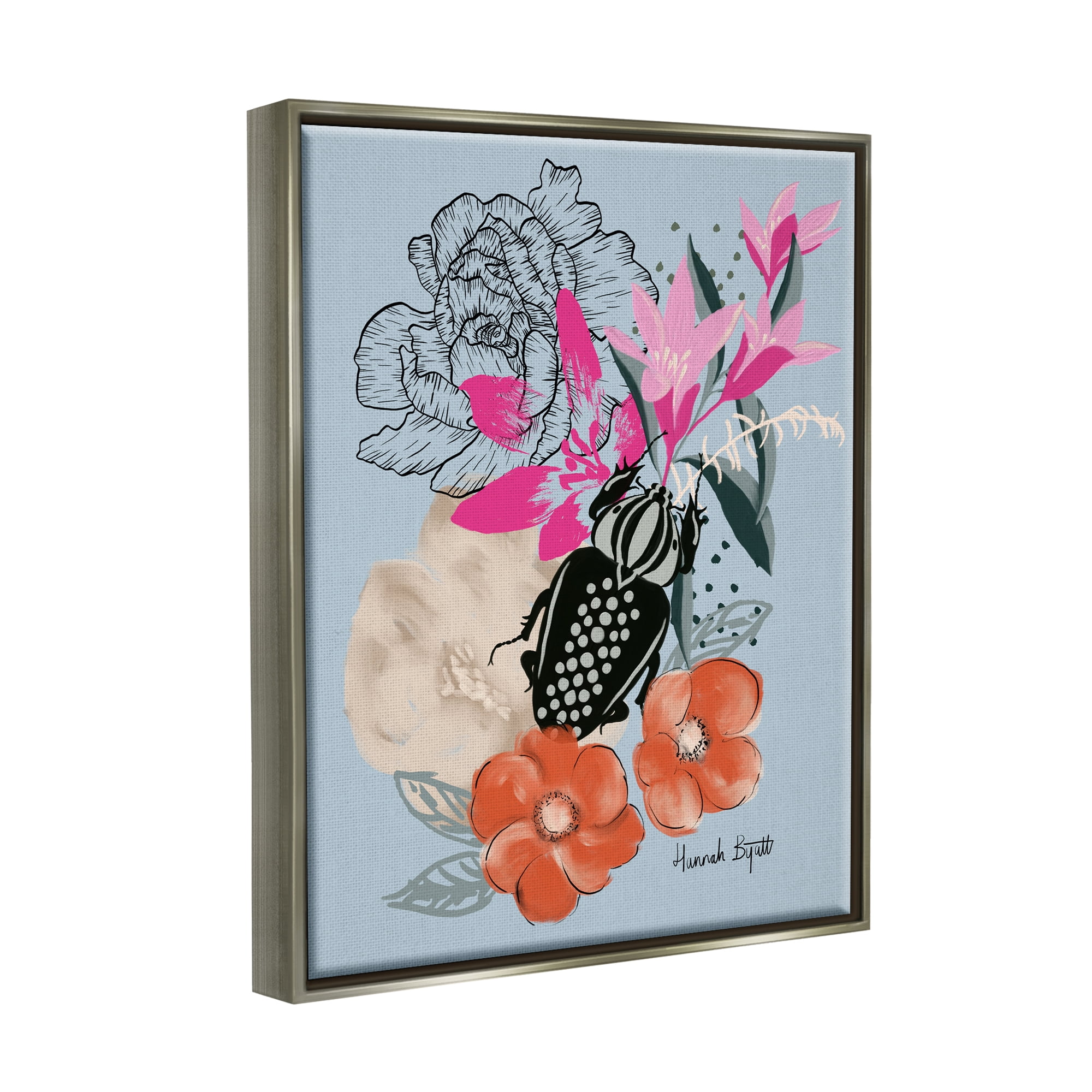Stupell Industries Beetle & Mixed Flowers Animals & Insects Painting Gray Floater Framed Art Print Wall Art, 17 x 21