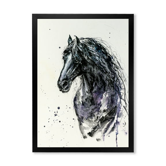 Designart 'Close Up of Friesian Horse With Long Manes' Farmhouse Framed Art Print