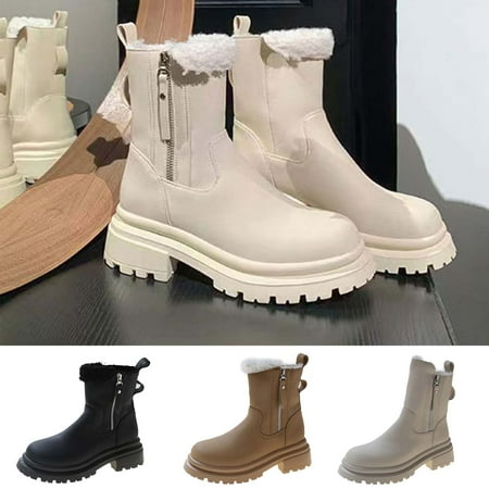 

Winter Clearance Deals! SuoKom Boots for Women Women s Winter Plush Boots Chunky Heel Middle-Heels Round-Toe Side Zipper Boots Winter Snow Boots for Women Black