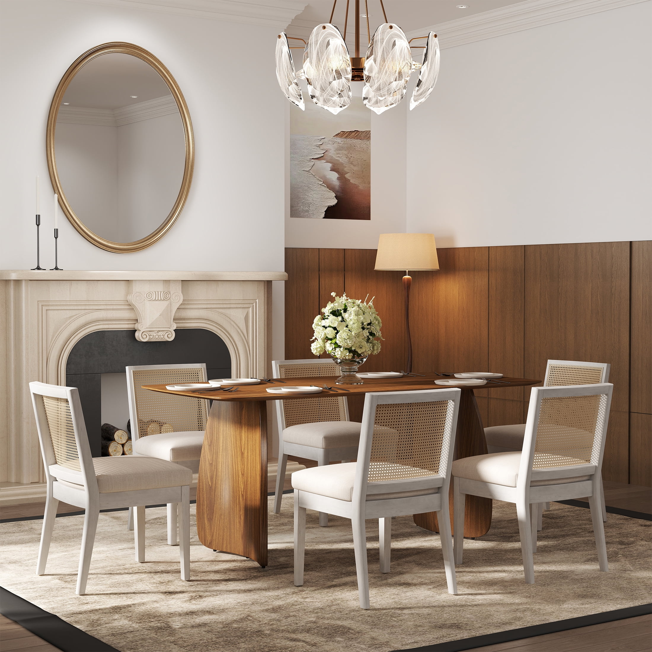 Guyou Farmhouse Rattan Dining Chairs Set of 6, Mid Century Modern Dining Side Chairs with White Hardwood Frame, Linen Upholstered French Country Kitchen Chairs for Dining Room Bistro, Beige