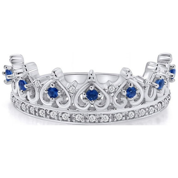 AFFY Round Shape Simulated Blue Sapphire With 0.06 Cttw White Diamond Heart Crown Ring In 14K White Gold Over Sterling Silver