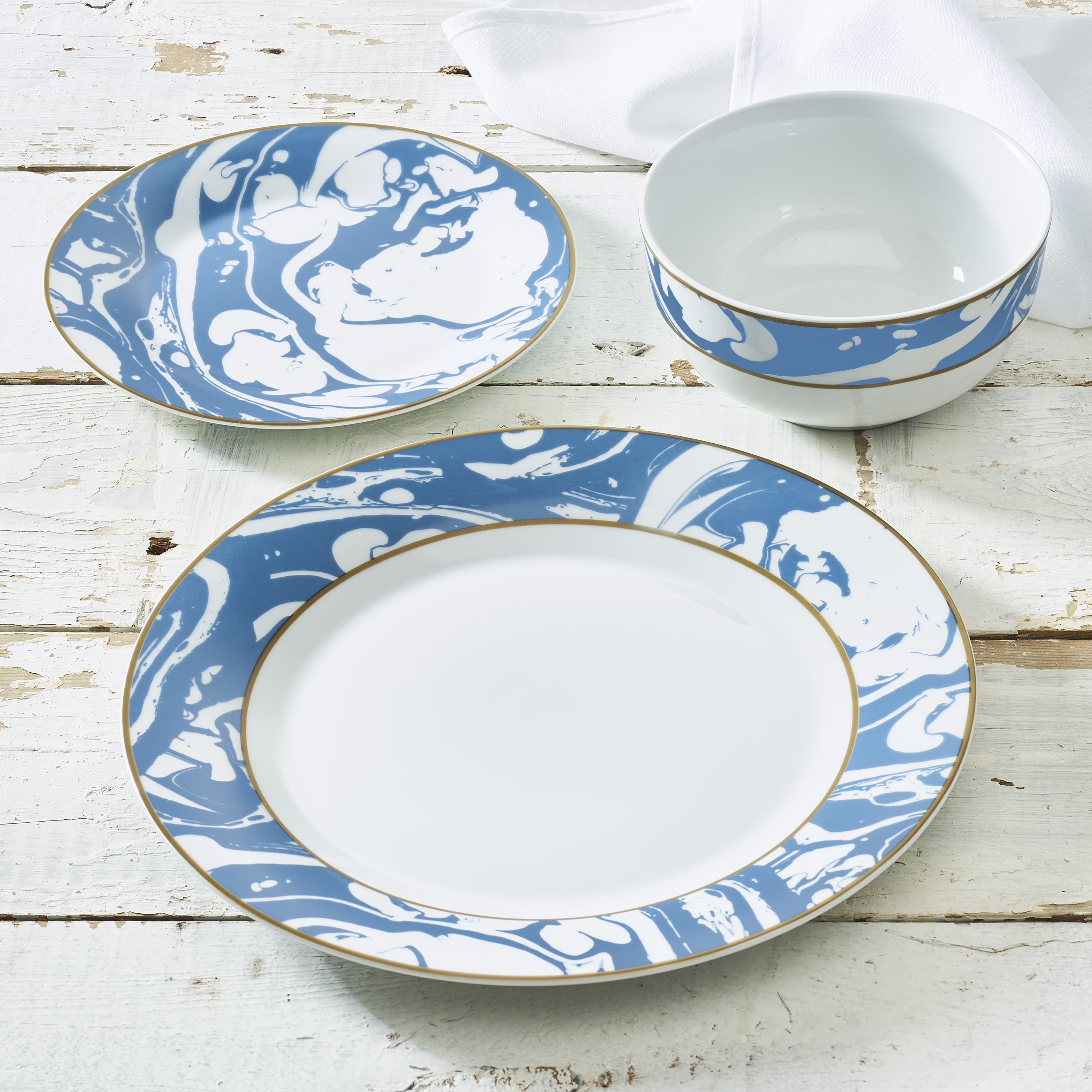 Marble Swirl Collection 12Piece Porcelain Blue Dinnerware Set, Walmart Exclusive