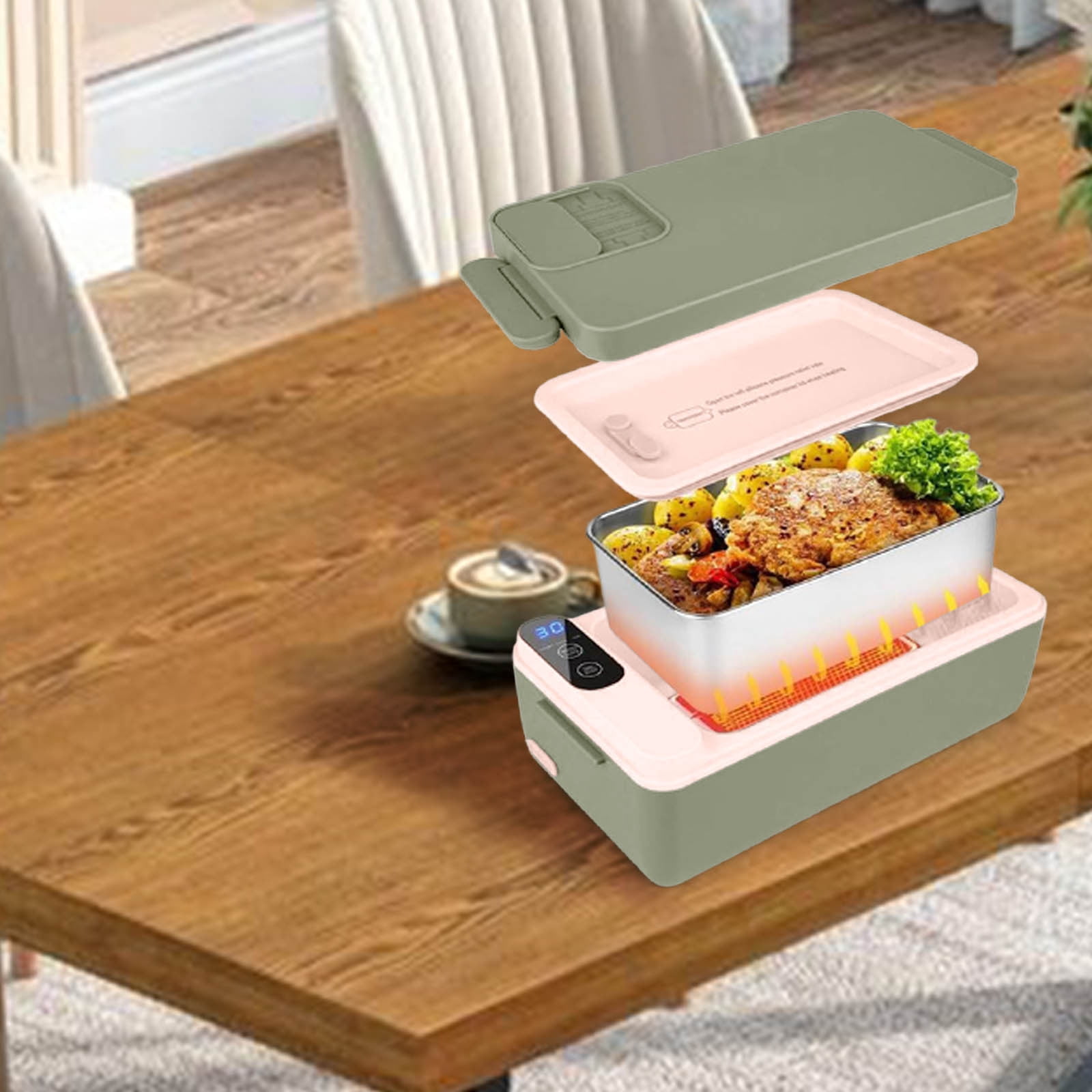 Fmbmuo Metal Heated Lunch Box Portable Green Reusable Bento Box, 1 L Rechargeable Airtight Food/Fruit Storage Containers Freezer and Dishwasher