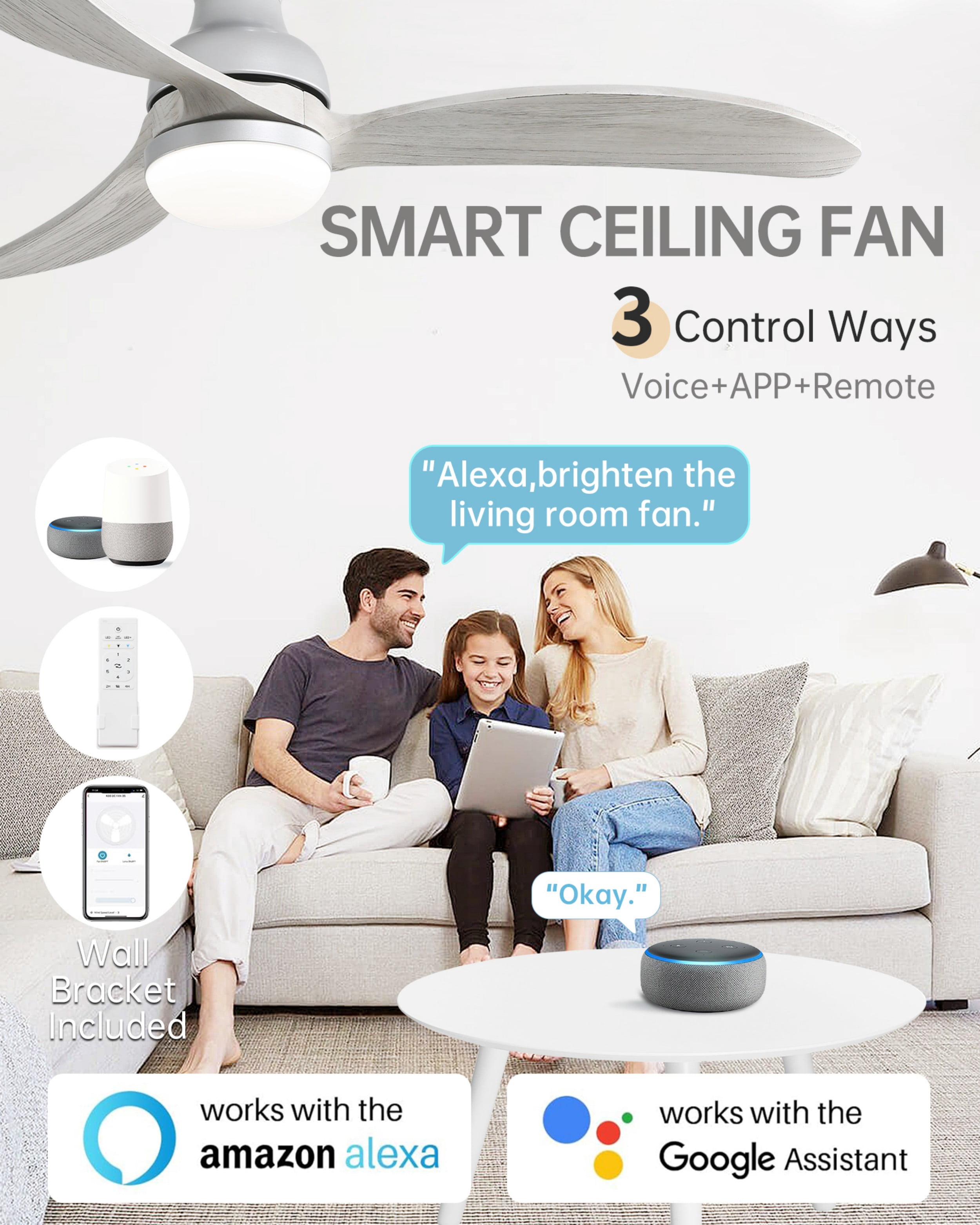 Sofucor 52" Smart Ceiling Fan with Light and Remote Phone Control Silver with Gray Blades
